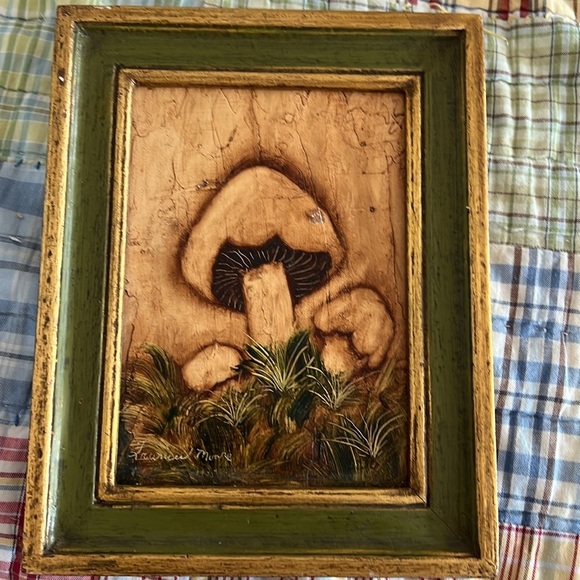 Vintage 1975 Painted Mushrooms Handmade Art Work Gold Frame Frances Moore - Picture 1 of 7